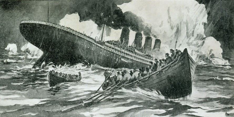 Illustration of the sinking of theTitanic and survivors in lifeboats.